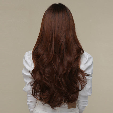 [Miah] 26 Inch Long Ombre Brown Wavy Curly Wig with Bang Heat Resistant Synthetic Wig for Women Natural Fashion Party Diy Daily Cosplay  LC8074-2
