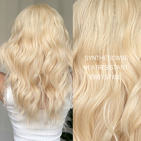 Haircube 22 Inch Middle Length Blonde Wavy Curly Wig with Bang Heat Resistant Synthetic Wig with Bang for Women Natural Fashion Party Diy Daily WL1089-1