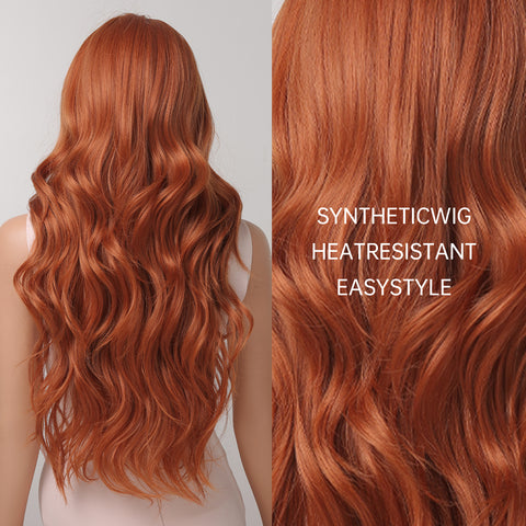S19 Long Orange Wavy Curly Synthetic Wig with Bang Heat Resistant   LC2074-2