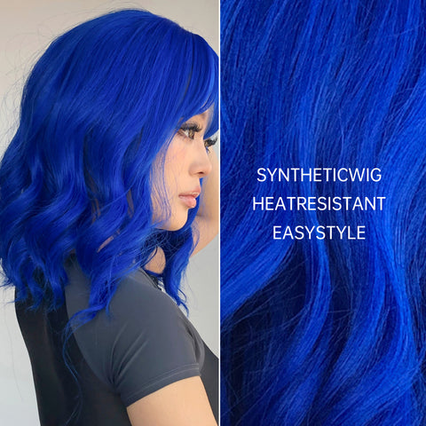 【Sphere 49】14 Inch Dark Blue Wig with Bangs for Women Girls Bob Hair Wigs Short Curly Wavy for women WL1006-4
