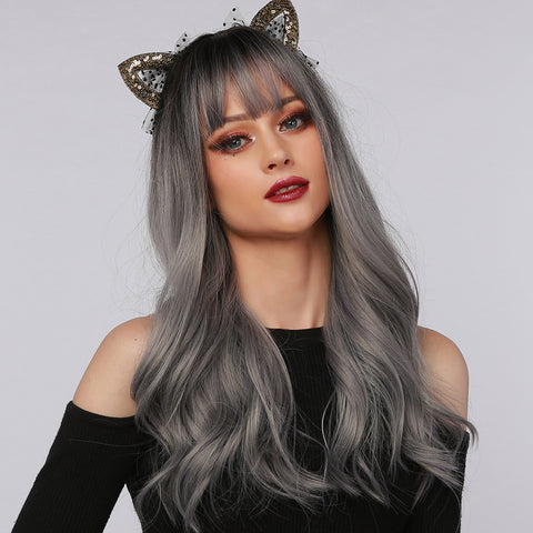 S8 Long Ombre Gray Wavy Wig with Bang LC6057