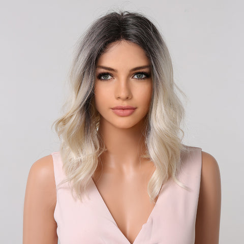 Haircube 14 Inch Platinum with Dark Roots Middle Part Shoulder-Length Wavy Wig Middle Part Heat Resistant Synthetic Wig for Women Natural Comfortable Fashion Party Diy Daily LC1017-1