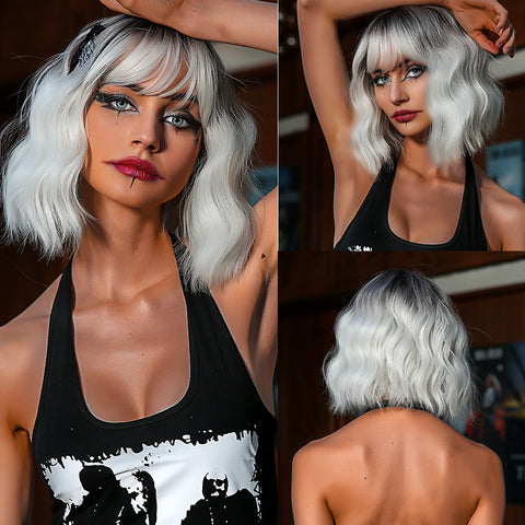 【Luna 42】short bobo curly wigs black ombre white with bangs wigs 14 Inch  WL1077-2
