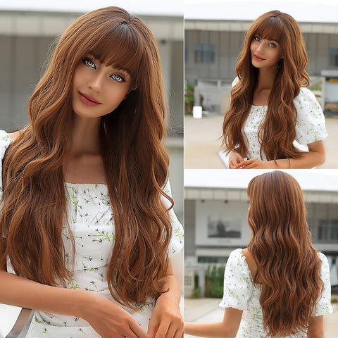 【Sphere 59】28 Inch Brown Ombre Wig with Bangs Long Wavy Curly Brown Highlights Wig for Women WL1068-1