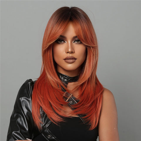 【Luna 33】 long black ombre orange straight wigs with bangs wigs for women LC2068-2