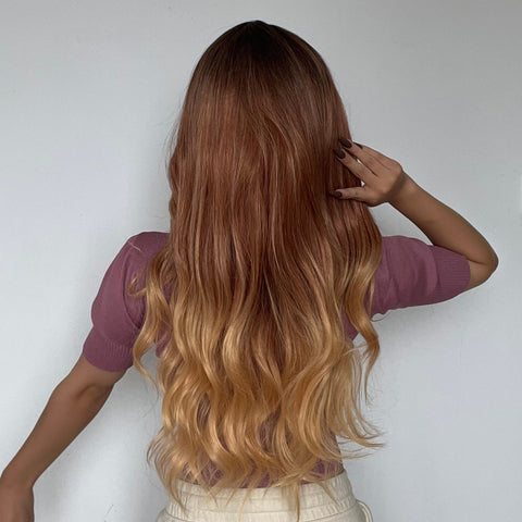 【Peachy 33】22 inches Long Ombre Brown Gold Wavy Curly Wig Heat Resistant Synthetic Wig  LC371-1