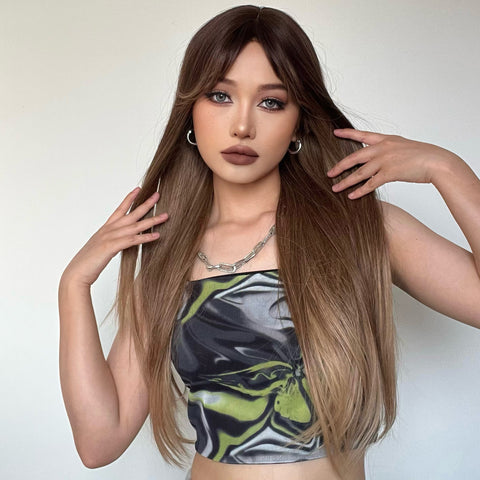 【Gaby 81】🔥BUY 3 WIG PAY 2 WIG🔥 Haircube Long Brown Straight Synthetic Wigs With Bangs LC244-1