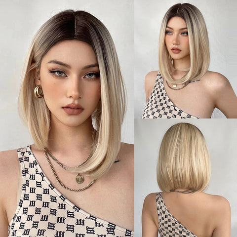 S43 Short Ombre Brown Blonde Straight  Wig 14 Inch WL1049-1
