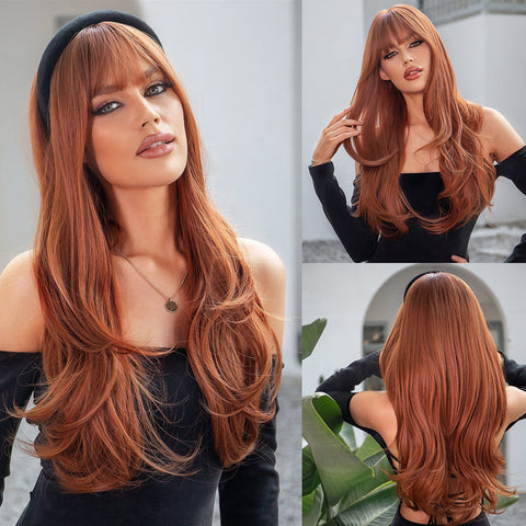 【Luna 23】 Haircube 26 Inch Long Orange Slight Wavy Curly Wig with Bang   LC028-1