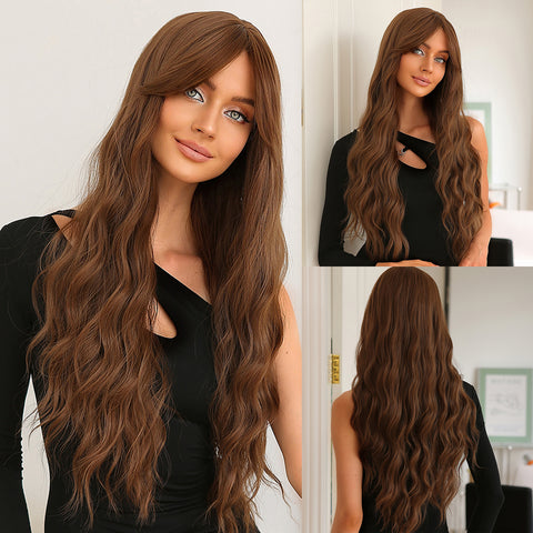 S16 Long  Brown Slight Wavy Curly Wig 28 Inch LC357-1