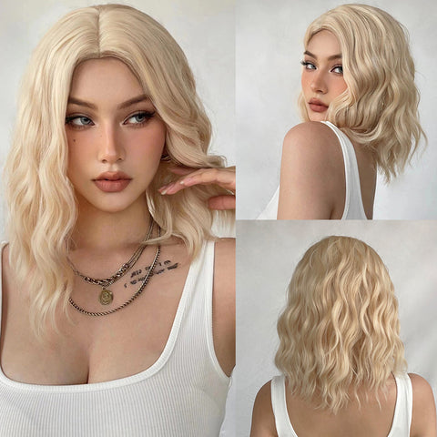 M49 blonde hair side part body wave wigs shoulder length synthetic wigs WL1050-1
