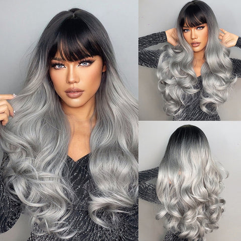 【YW30】  Haircube 28 Inch Long Black Ombre Gray Curly Wavy Wig  LC6109-1