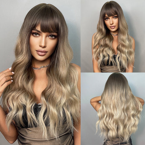 S78 Long Blonde Ombre Brown Gold Slight Wavy Curly Wig with  LC6096