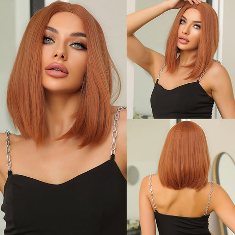 S48 Short Orange Straight Bob Wig Middle Part Synthetic   WL1034-1
