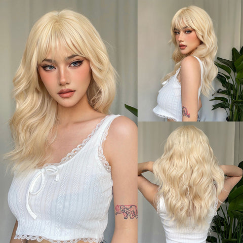 Haircube 22 Inch Middle Length Blonde Wavy Curly Wig with Bang Heat Resistant Synthetic Wig with Bang for Women Natural Fashion Party Diy Daily WL1089-1