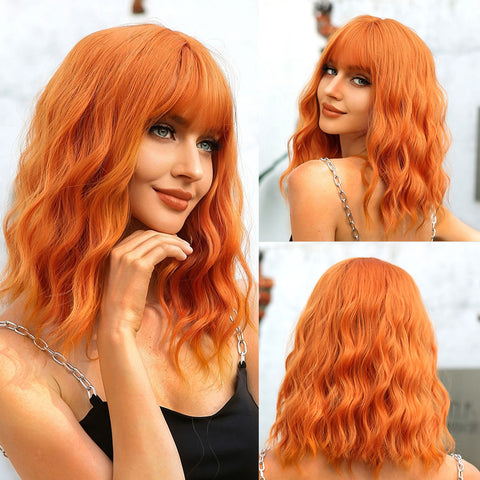 T32 orange Wig with Bangs for Women Girls Bob Hair Wigs Short Curly Wavy for women WL1006-1