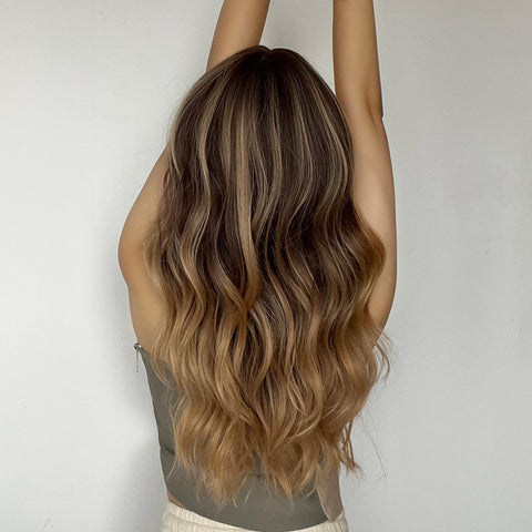 S72 Long Ombre Brown Slight Wavy Curly Wig with Bang  LC6090