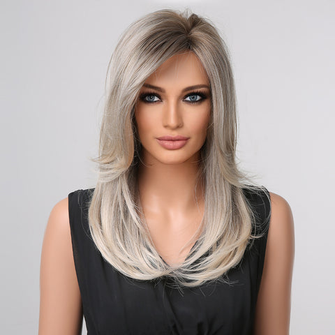 Haircube 22 Inch Gray with Brown Roots Layered Straight Wig Heat Resistant Synthetic Wig for Women Natural Comfortable Fashion Party Diy Daily LC1002-1