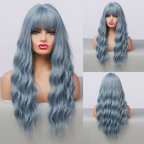 【Gaby 70】🔥BUY 3 WIG PAY 2 WIG🔥Haircube Long Blue Wavy Synthetic Wigs With Bangs LC194-1