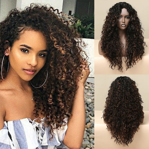 【Sphere 55】28-inch black and lace front wigs Long curly Wavy Wig for Women HC11030-1