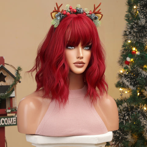 Haircube 12 Inch Short Red  Wavy Bob Wig Heat Resistant Synthetic Wig for Woman Diy Cosplay LC052