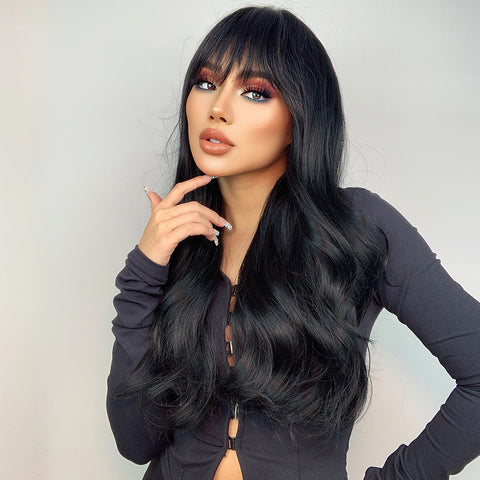 S97 Long Black Slight Wavy Curly Wig with Bang 26 Inch  lc344