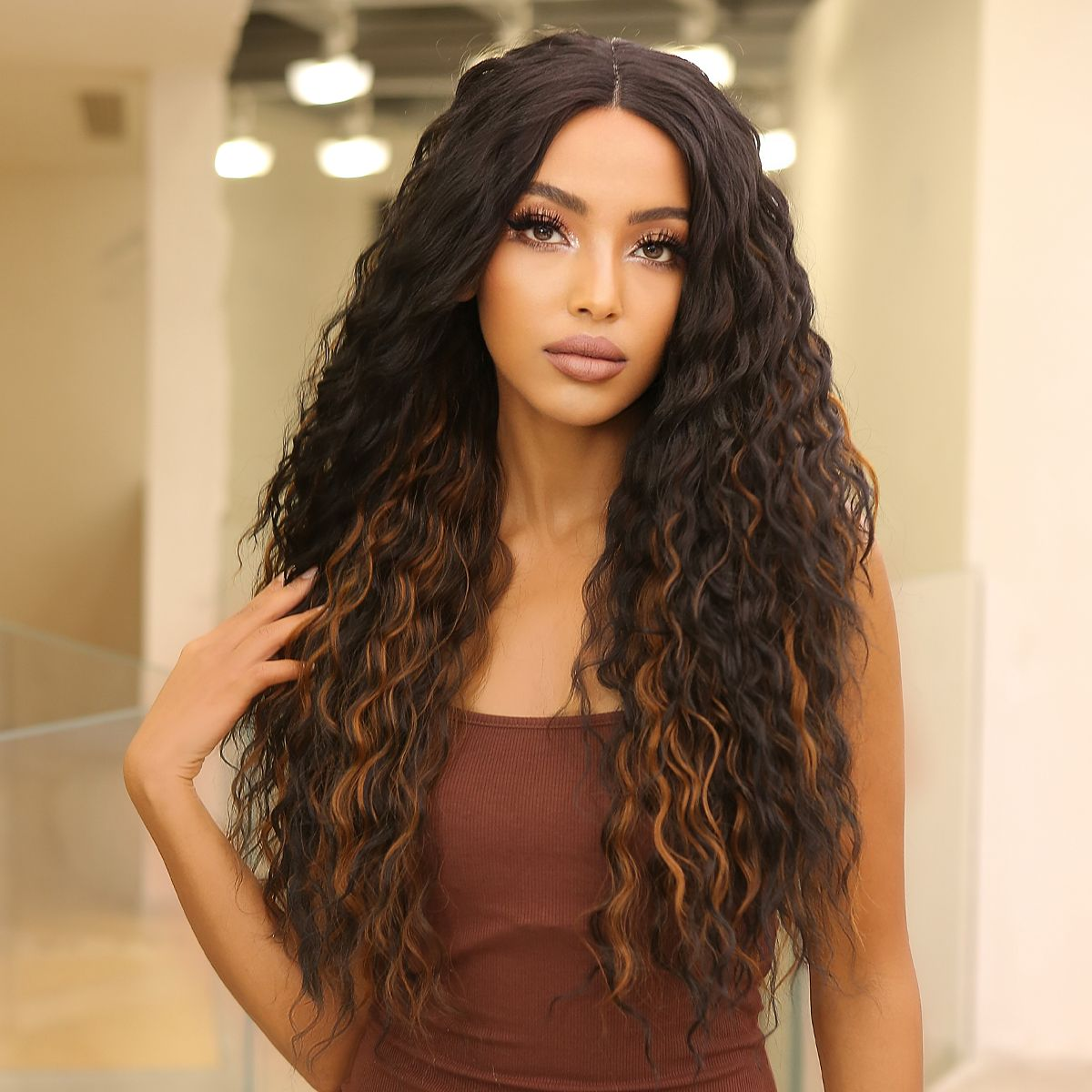 【Sphere 55】28-inch black and lace front wigs Long curly Wavy Wig for Women HC11030-1