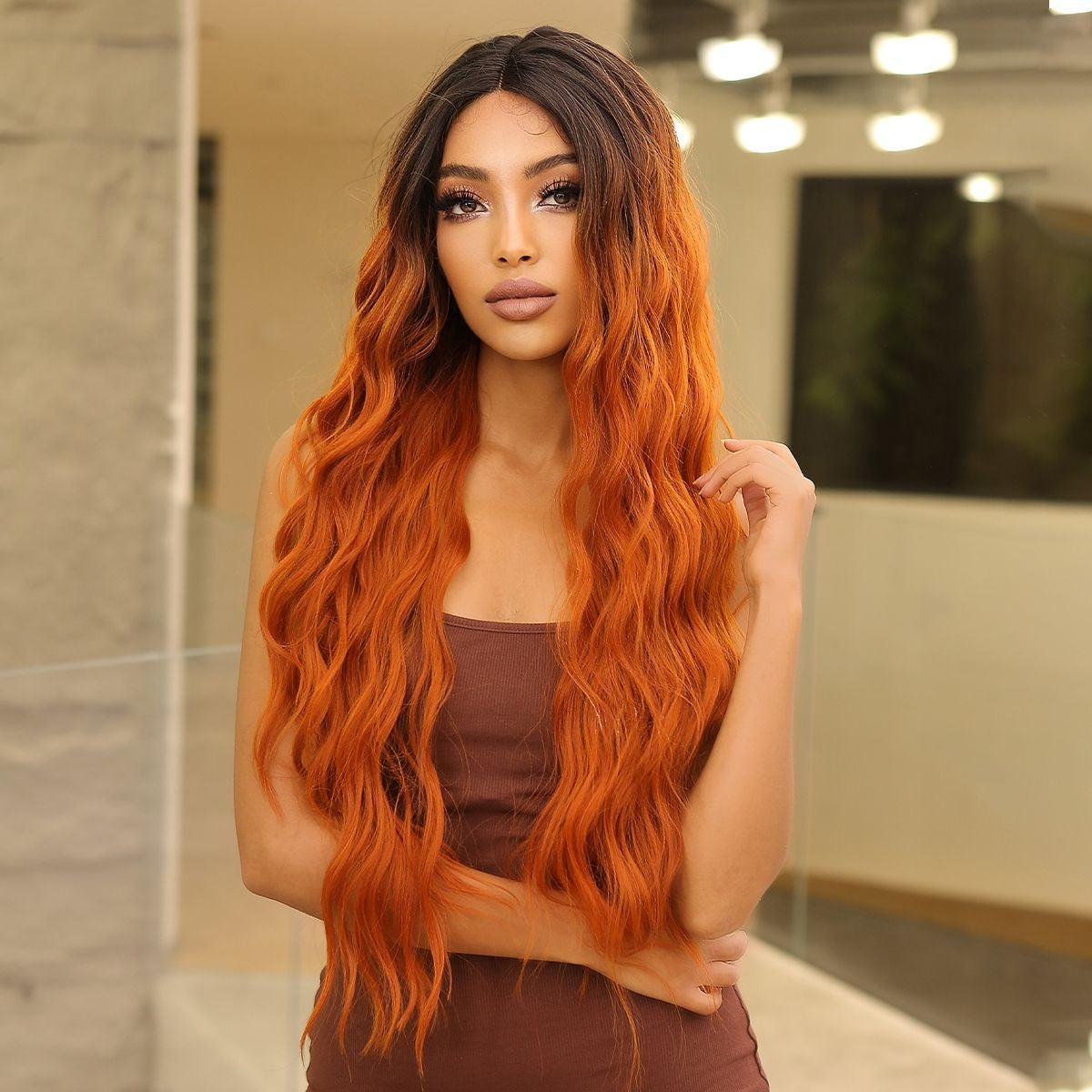 【Sphere 26】30-inch  black ombre orange lace front wigs Long curly Wavy Wig  HC11059-2