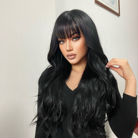 【Luna 39】Haircube 30 Inch black long curly wigs with bangs wigs for women LC2088-1