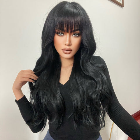 【Luna 18】 Haircube 30 Inch black long curly wigs with bangs wigs for women LC2088-1