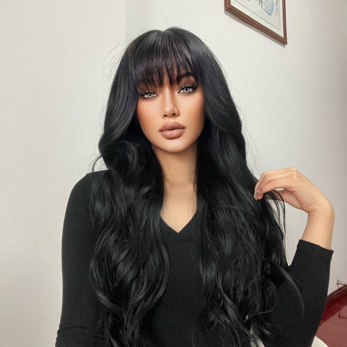 【Luna 18】 Haircube 30 Inch black long curly wigs with bangs wigs for women LC2088-1