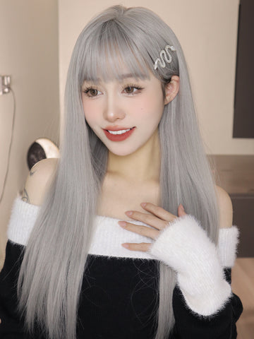 Long Gray Straight Synthetic Wig with Bang Heat Resistant   LC9044-1