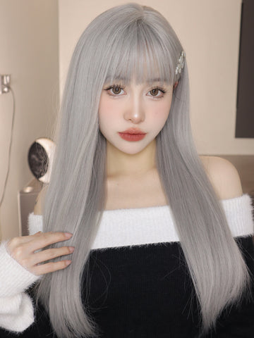 Long Gray Straight Synthetic Wig with Bang Heat Resistant   LC9044-1