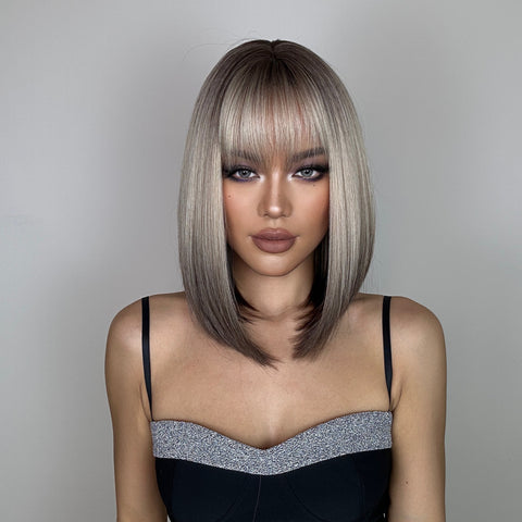 【YW22】16 Inch straight bobo wigs black ombre blonde with bangs wigs for women for daily life LC2067-1