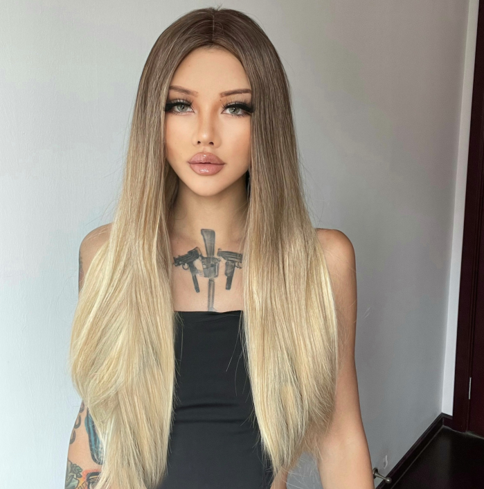 M48 ombre blonde middle part long straight hair  synthetic wigs for women  LC5106-1