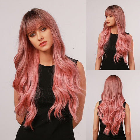【Gaby 49】🔥BUY 3 WIG PAY 2 WIG🔥 Haircube Long Pink Wavy Synthetic Wigs with Bangs LC6018-1