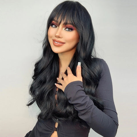 S97 Long Black Slight Wavy Curly Wig with Bang 26 Inch  lc344