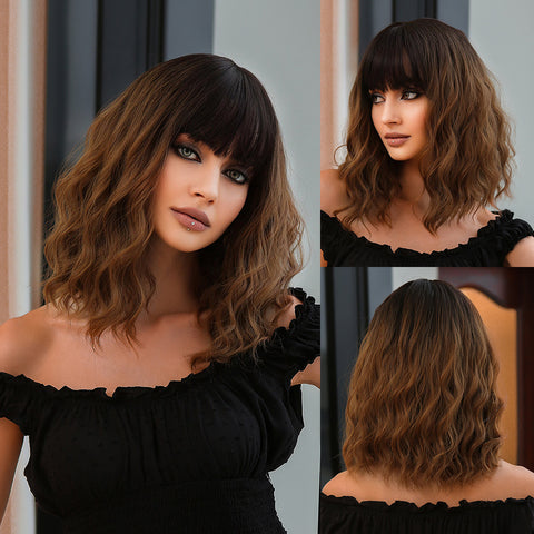 T38 black ombre brown Short Bob Wavy Wig with Bangs wigs  for Women WL1076-1