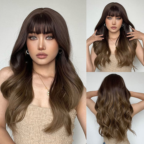 【Gaby 72】🔥BUY 3 WIG PAY 2 WIG🔥 Haircube 24 Inch Long Ombre Brown Slight Wavy Curly Wig with Bang   LC226-3