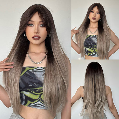 S33 Long Ombre Gray Straight Wig with Middle Part  28 Inch  LC267