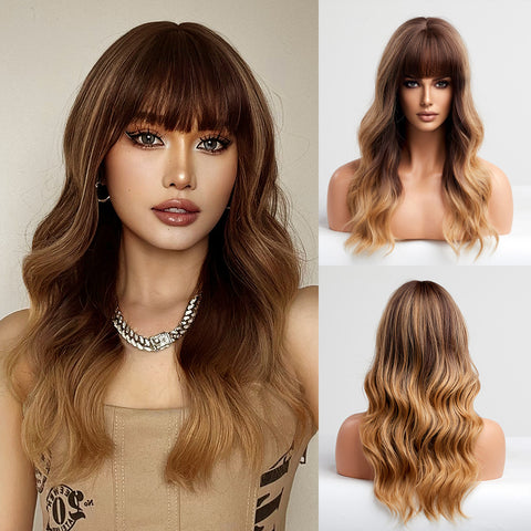 S72 Long Ombre Brown Slight Wavy Curly Wig with Bang  LC6090