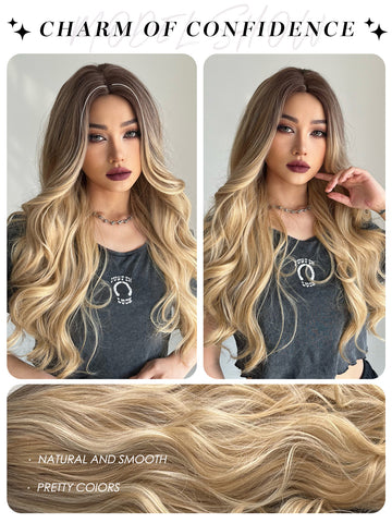 【WAVES】26 inch Long Ombre Brown Wavy Curly Wig Heat Resistant Synthetic Wig  LC5018-1
