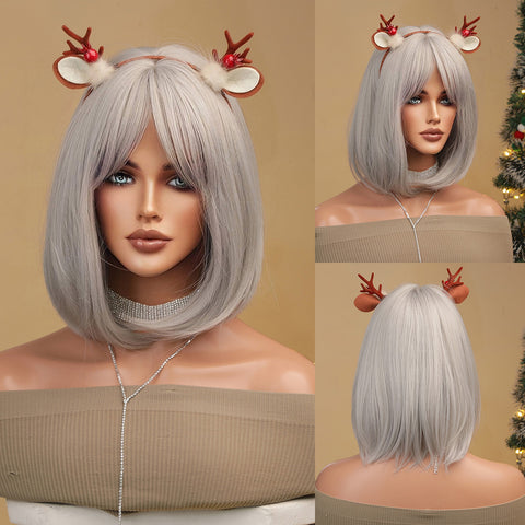 S45 Short Straight Silver Gray Bob Wig with Center Part Bang  12 Inch SS180-2